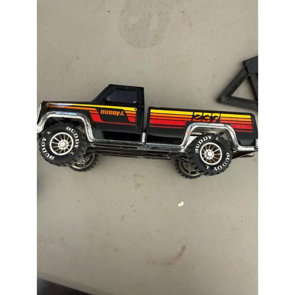 Vintage Buddy L Pickup Truck with Car Trailer‎ and Muscle Car 237 Black Diecast